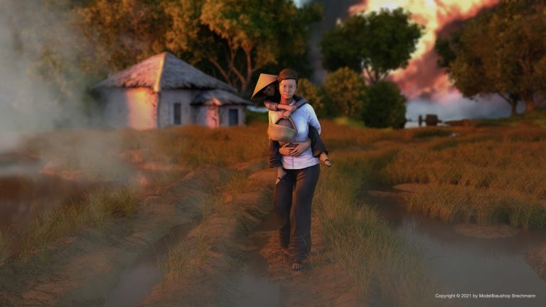 Vietnam Serie. Frau flüchtet mit Kind.