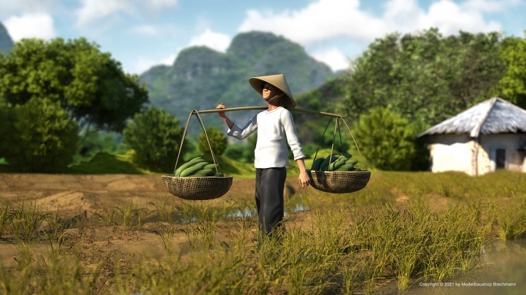 Vietnam Serie. Landarbeiter trägt Bananen.